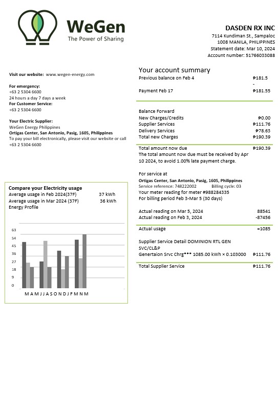 Philippines WeGen Energy Philippines business utility bill template in Word and PDF formats